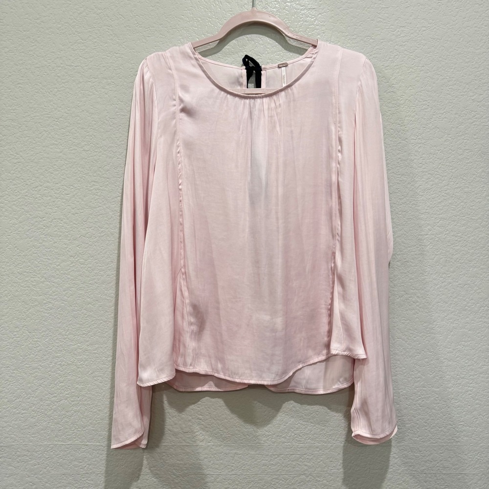 Free People Aarabella Satin Top Blush Pink Large Long Sleeve Blouse Bow Flowy - Picture 2 of 8